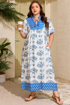Sky Blue Plus Size Floral Print Contrast Boho Patchwork V Neck Loose Midi Dress