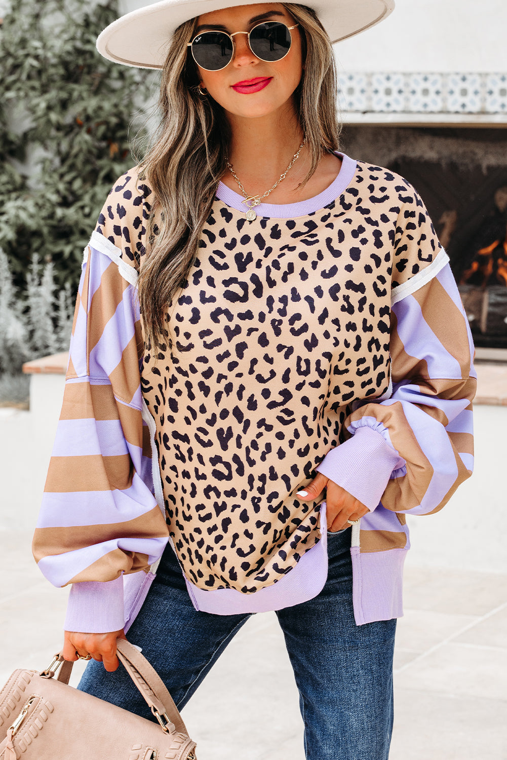 Striped Color Block Patchwork Leopard Casual Sweatshirt with Slits