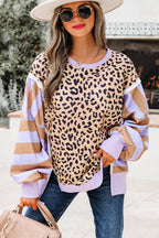 Striped Color Block Patchwork Leopard Casual Sweatshirt with Slits