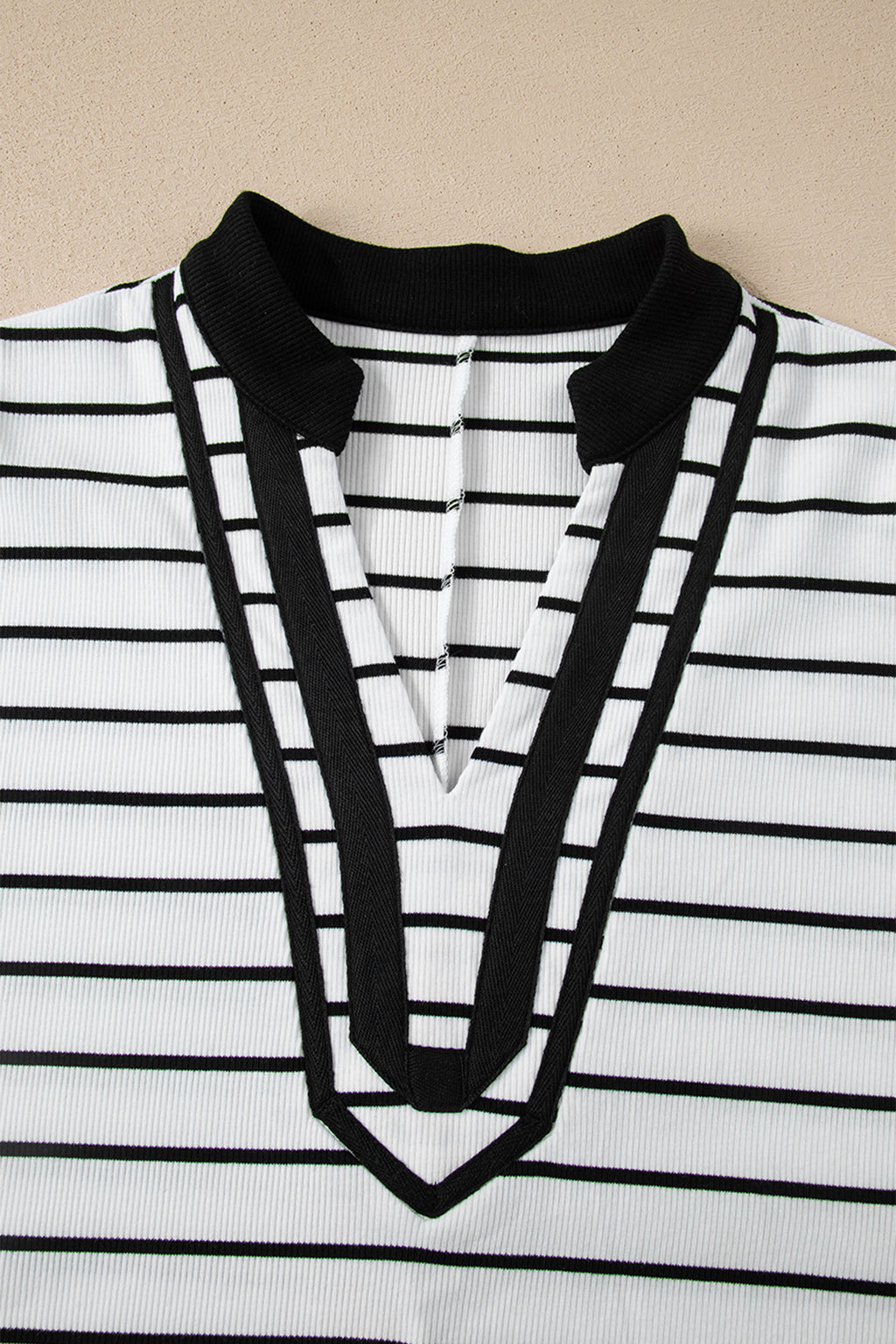 Stripe Stand Collar V Neck Elastic Cuffs Half Sleeve Dolman Top