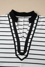 Stripe Stand Collar V Neck Elastic Cuffs Half Sleeve Dolman Top