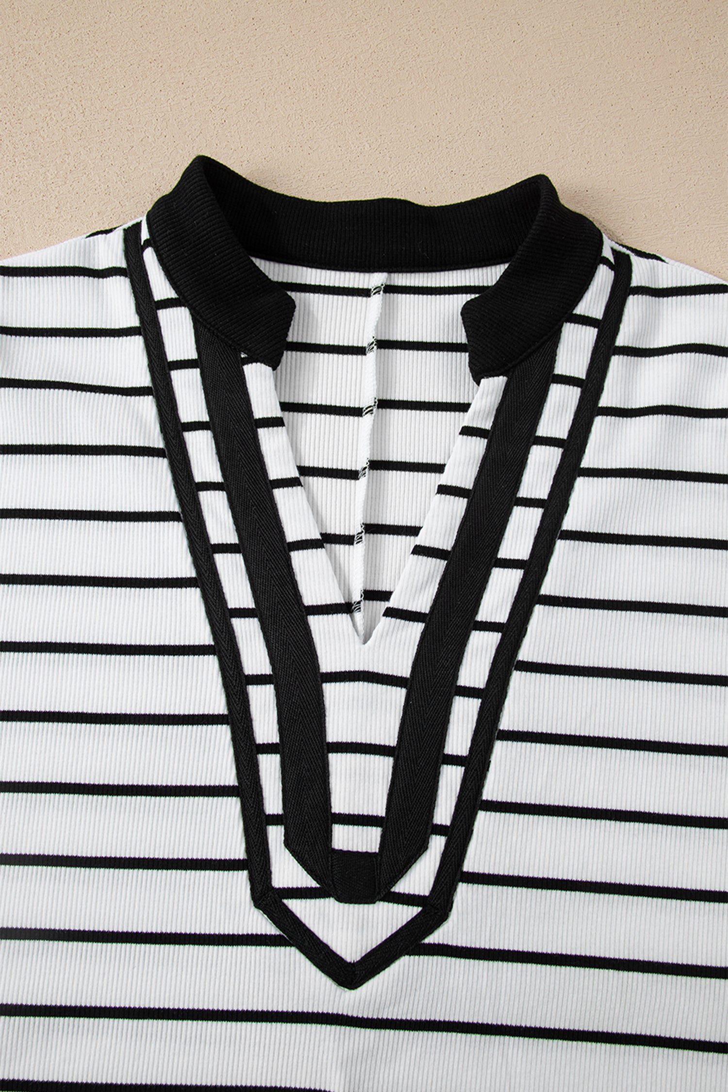 Stripe Stand Collar V Neck Elastic Cuffs Half Sleeve Dolman Top