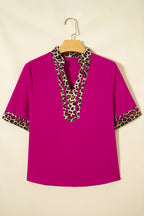Violet Leopard Patchwork Trim Split Neck Short Sleeve Blouse
