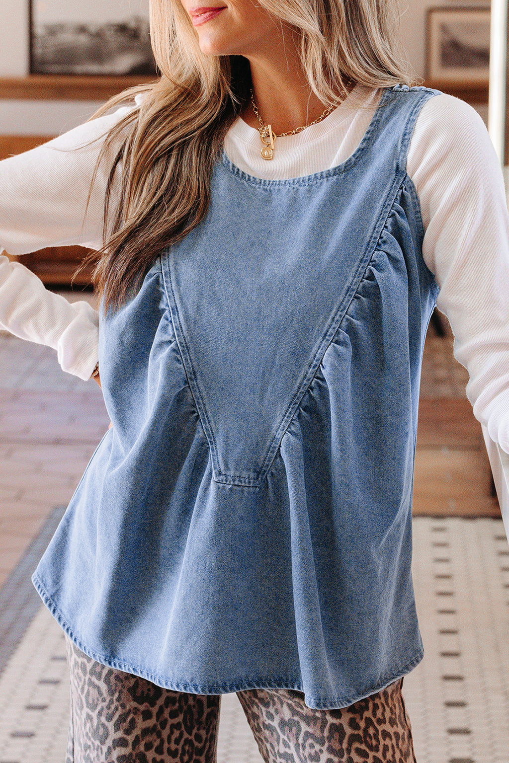 Myosotis Denim Pleated Patchwork Sleeveless Top