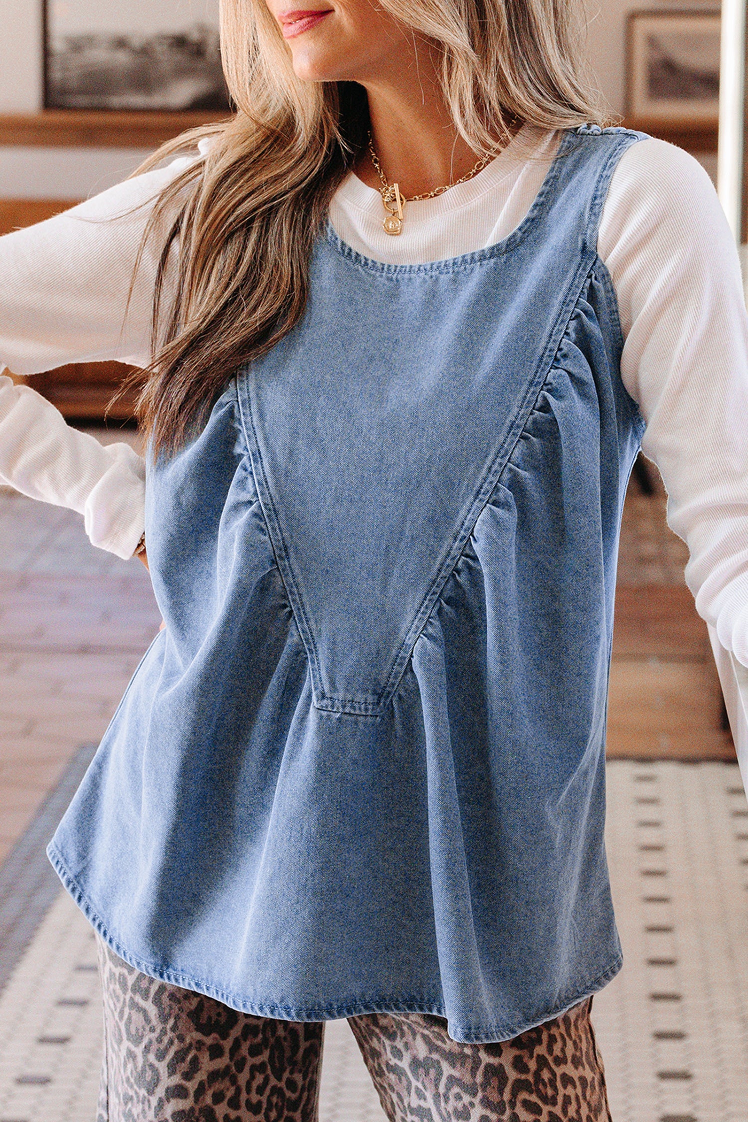 Myosotis Denim Pleated Patchwork Sleeveless Top