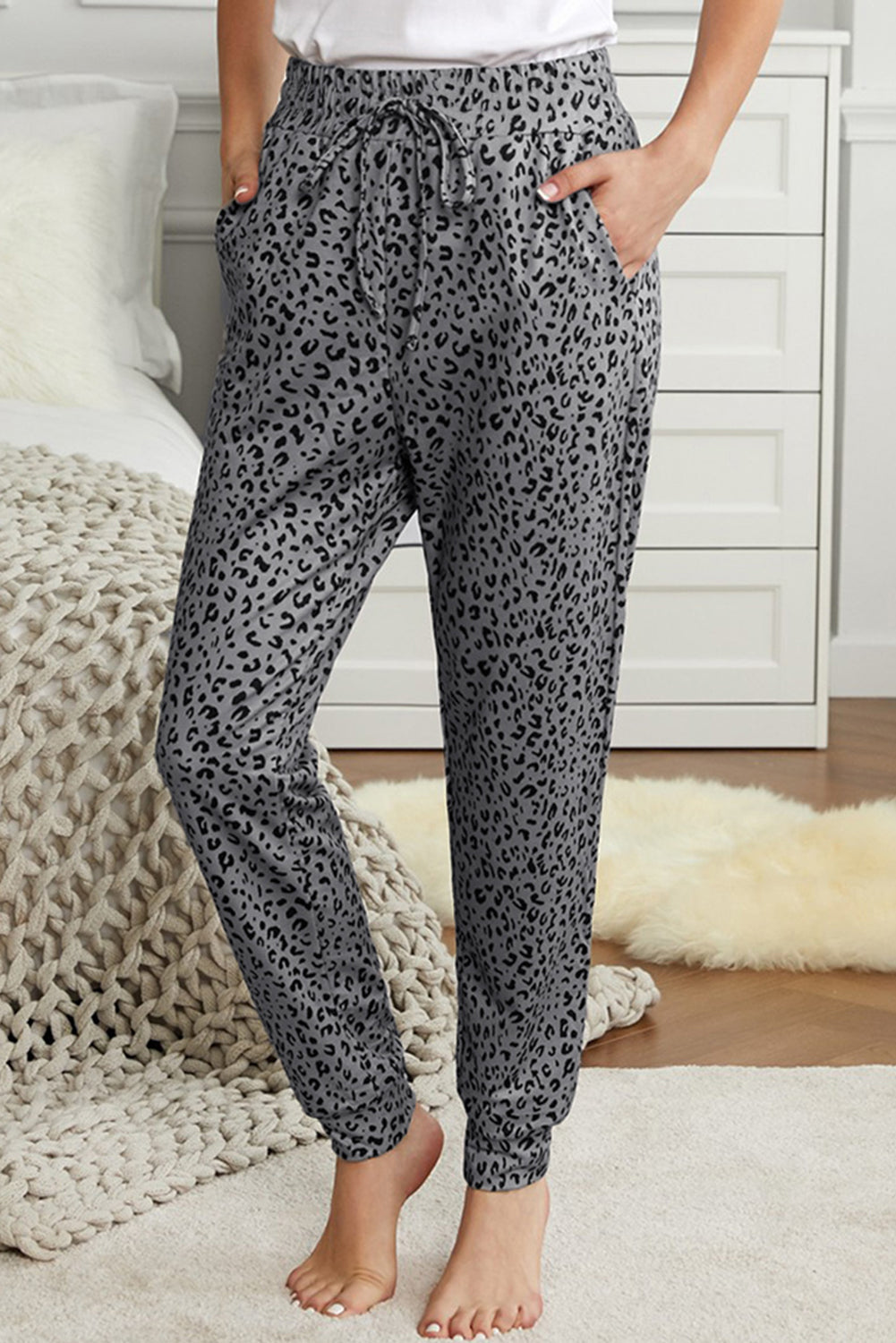Grey Leopard Elastic Waist Casual Joggers