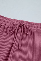 Pitaya Pink Twisted Ribbed Loose Tee Drawstring Elastic Waist 2pcs Short Set