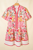 Pink Color Block Floral Print Contrast Trim V Neck Ruffle Hem Mini Dress
