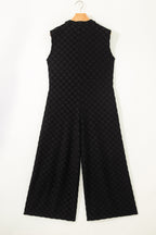 Half Buttons Sleeveless Wide Leg Textured Jumpsuit