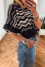 Striped Wavy Crochet Eyelet Detail Ruffle Half Sleeve Sweater