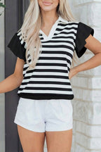 Striped Collar V Neck Ruffled Short Sleeve Blouse