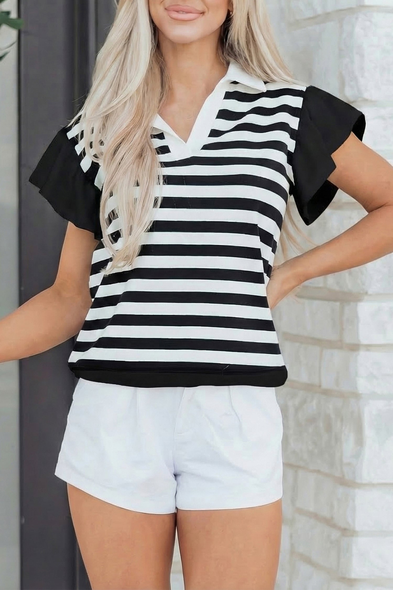 Striped Collar V Neck Ruffled Short Sleeve Blouse