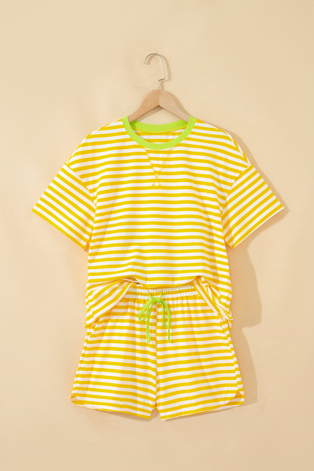 Striped Contrast Neck Loose Tee and Drawstring Shorts Set