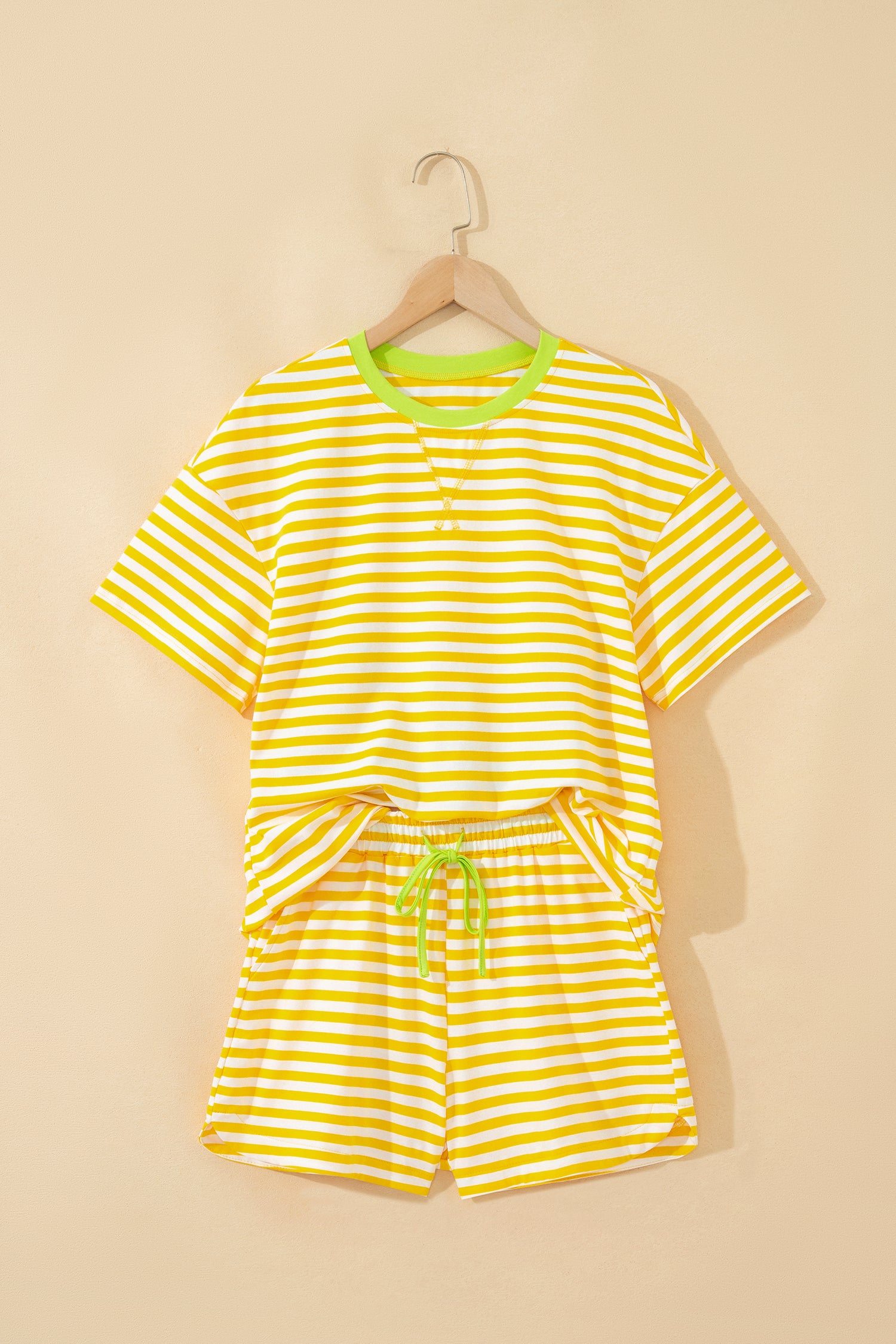 Striped Contrast Neck Loose Tee and Drawstring Shorts Set