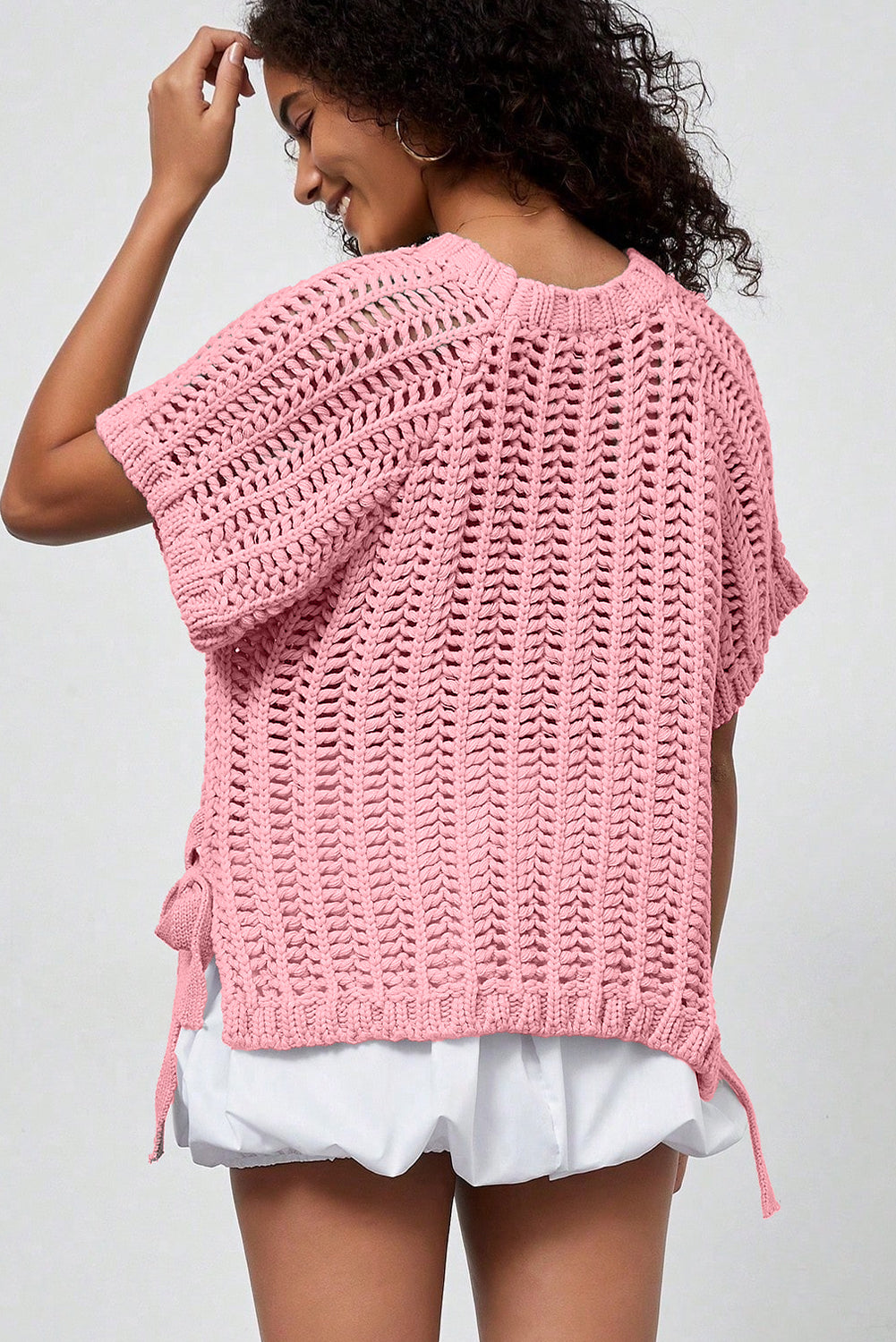 Plus Size Open Knit Bow Tie Short Sleeve Sweater