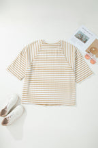 Striped Plus Size Textured Patchwork Detail Half Sleeve Top