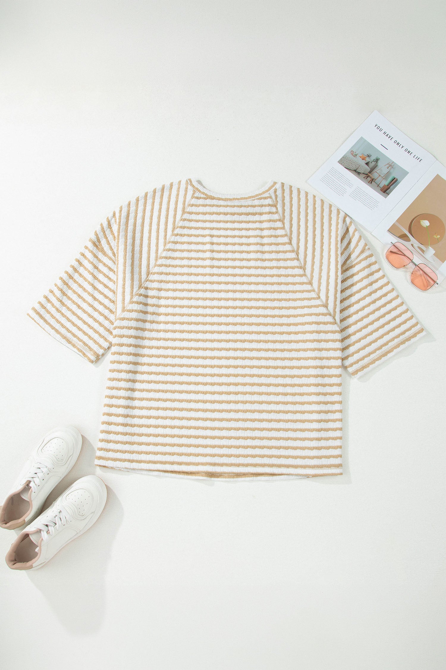Striped Plus Size Textured Patchwork Detail Half Sleeve Top