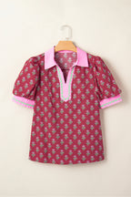 Red Contrast Collared V Neck Ricrac Trim Short Puff Sleeve Flower Blouse