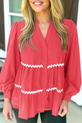 Coral Contrast Ricrac Trim V Neck Button Down Long Sleeve Shirt