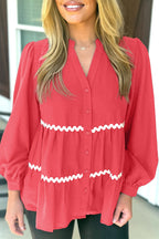 Coral Contrast Ricrac Trim V Neck Button Down Long Sleeve Shirt
