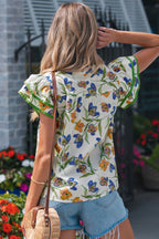 Green Floral Print Ruffle V-Neck Pressed Pleats Binding Tape Cotton Blouse