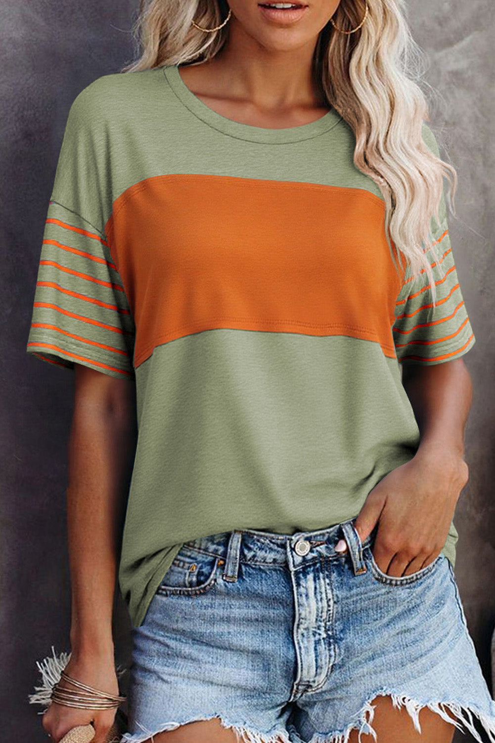 Color Block Striped Detail Loose T Shirt
