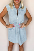 Sky Blue Stripe Collared Button Front Sleeveless Denim Mini Dress