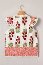 White Floral Print Contrast Striped Trim Flutter Cotton Blouse