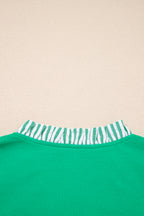 Dark Green Plus Size Button Front Ruffled Stripe Trim V Neck Flutter Sleeve Blouse