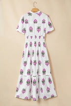 Floral Print Split Neck Shirred High Waist Ruffle Hem Maxi Dress