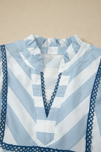 Sky Blue Stripe Subtle Lace Detail V Neck Ruffle Trim Casual Dress