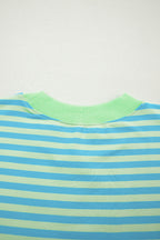 Striped Color Block Detail Long Sleeve Pullover Elastic Waist Pull On Shorts 2pcs Set