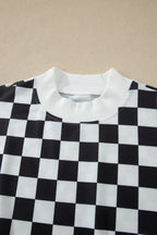 Checkered Print Colour Block Trim Mock Neck Short Set