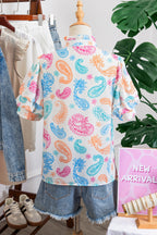 Multicolour Vibrant Paisley Printed Button Keyhole Puff Sleeve Blouse