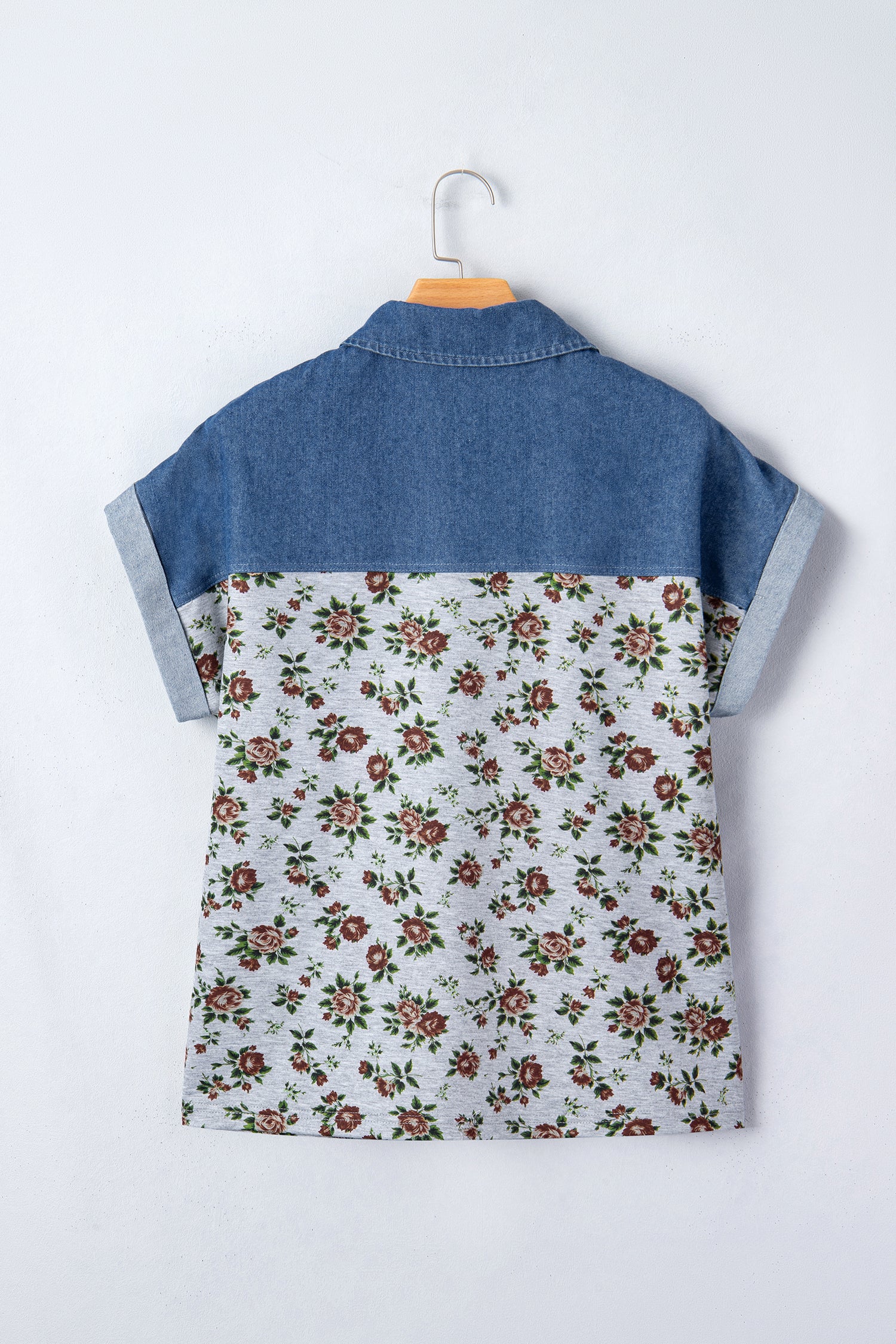 Grey Retro Floral Print Denim Patchwork Buttoned Polo Collar Top