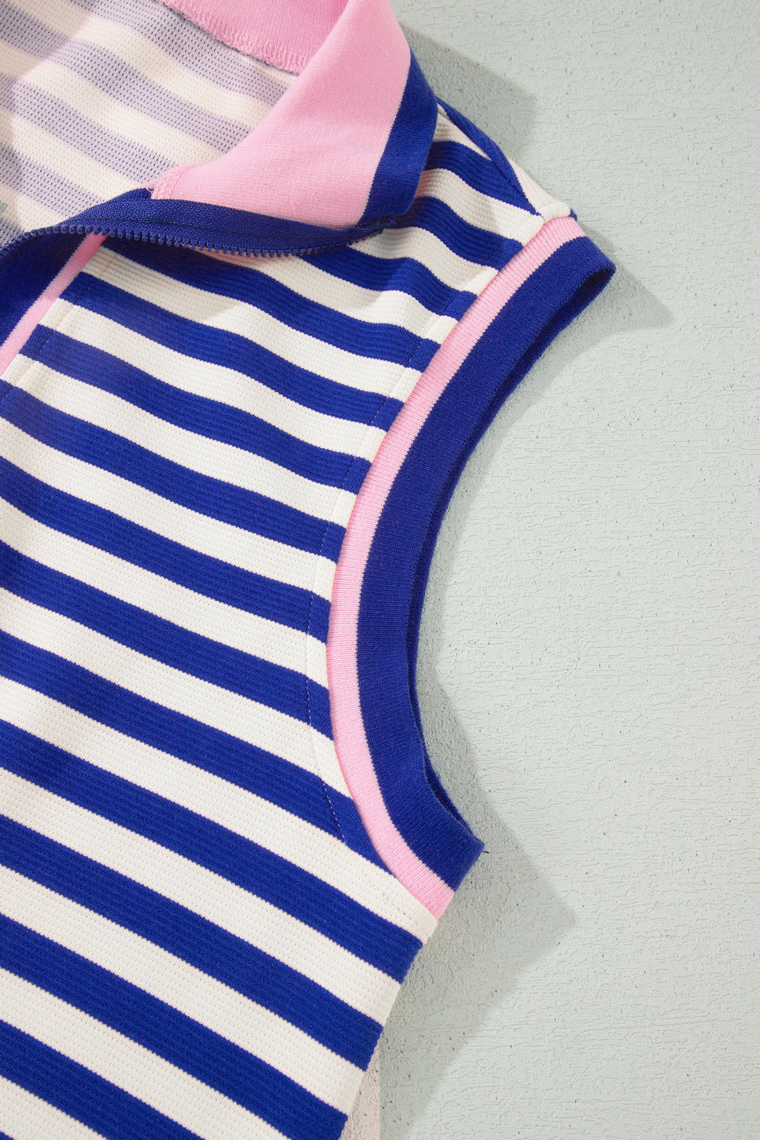 Textured Stripe Print Contrast Trim Zip Collar Sleeveless 2pcs Skort Set