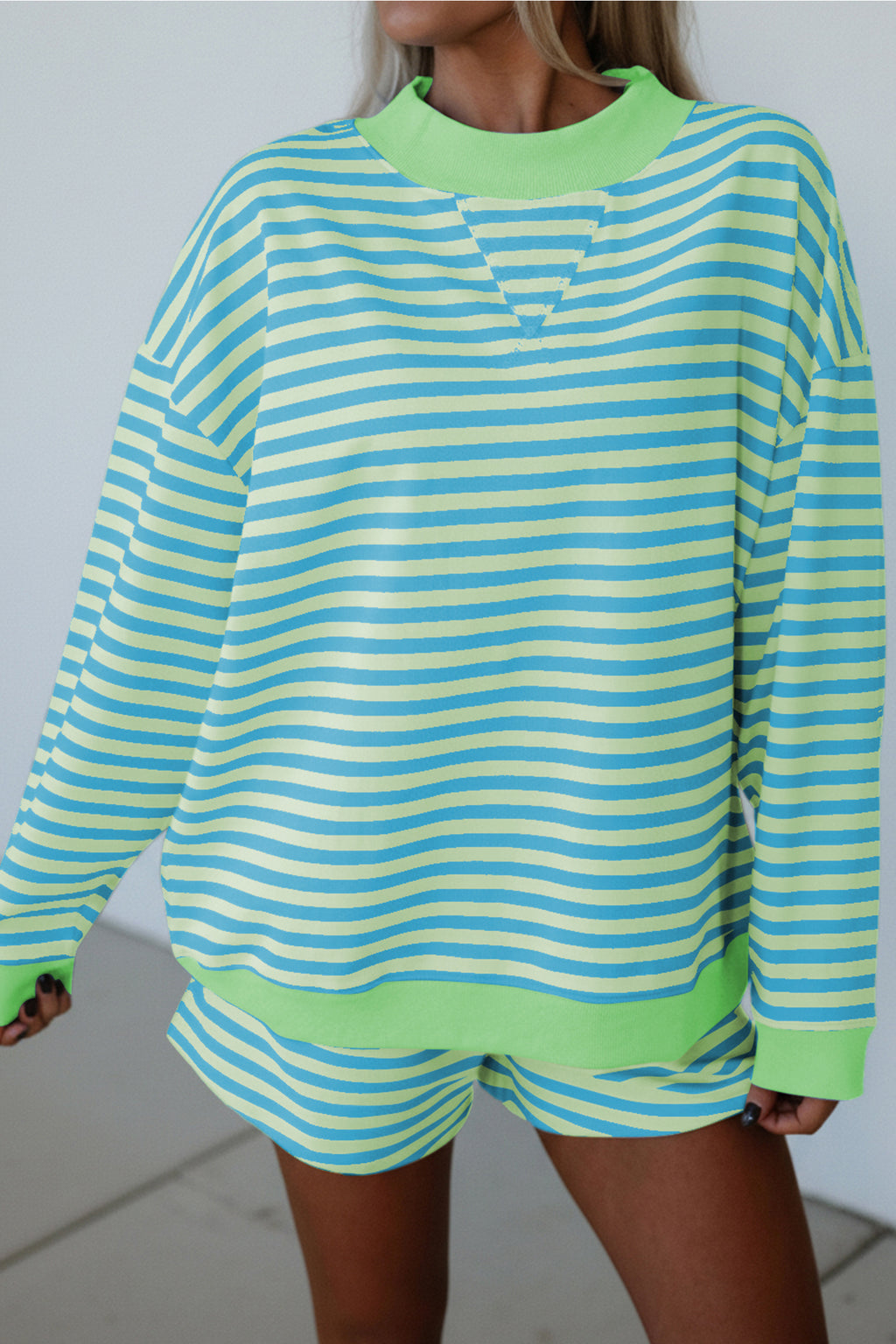 Striped Color Block Detail Long Sleeve Pullover Elastic Waist Pull On Shorts 2pcs Set