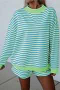 Striped Color Block Detail Long Sleeve Pullover Elastic Waist Pull On Shorts 2pcs Set