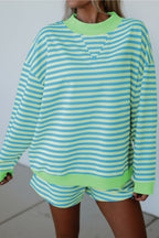 Striped Color Block Detail Long Sleeve Pullover Elastic Waist Pull On Shorts 2pcs Set