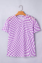 Purple Checkered Print Mock Neck Mesh T Shirt