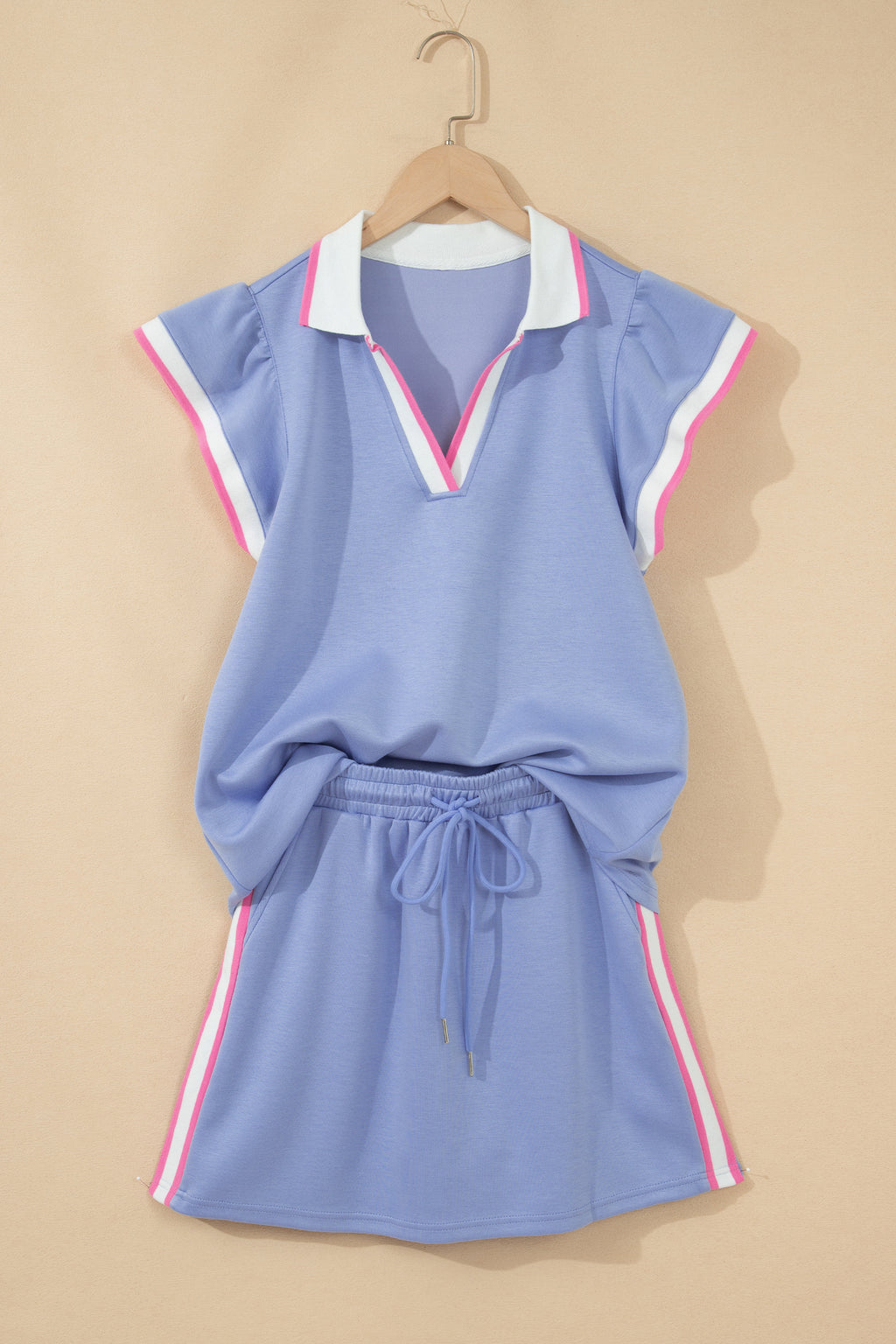 Preppy Striped Trim V Neck Polo Tee Drawstring Skirt Set