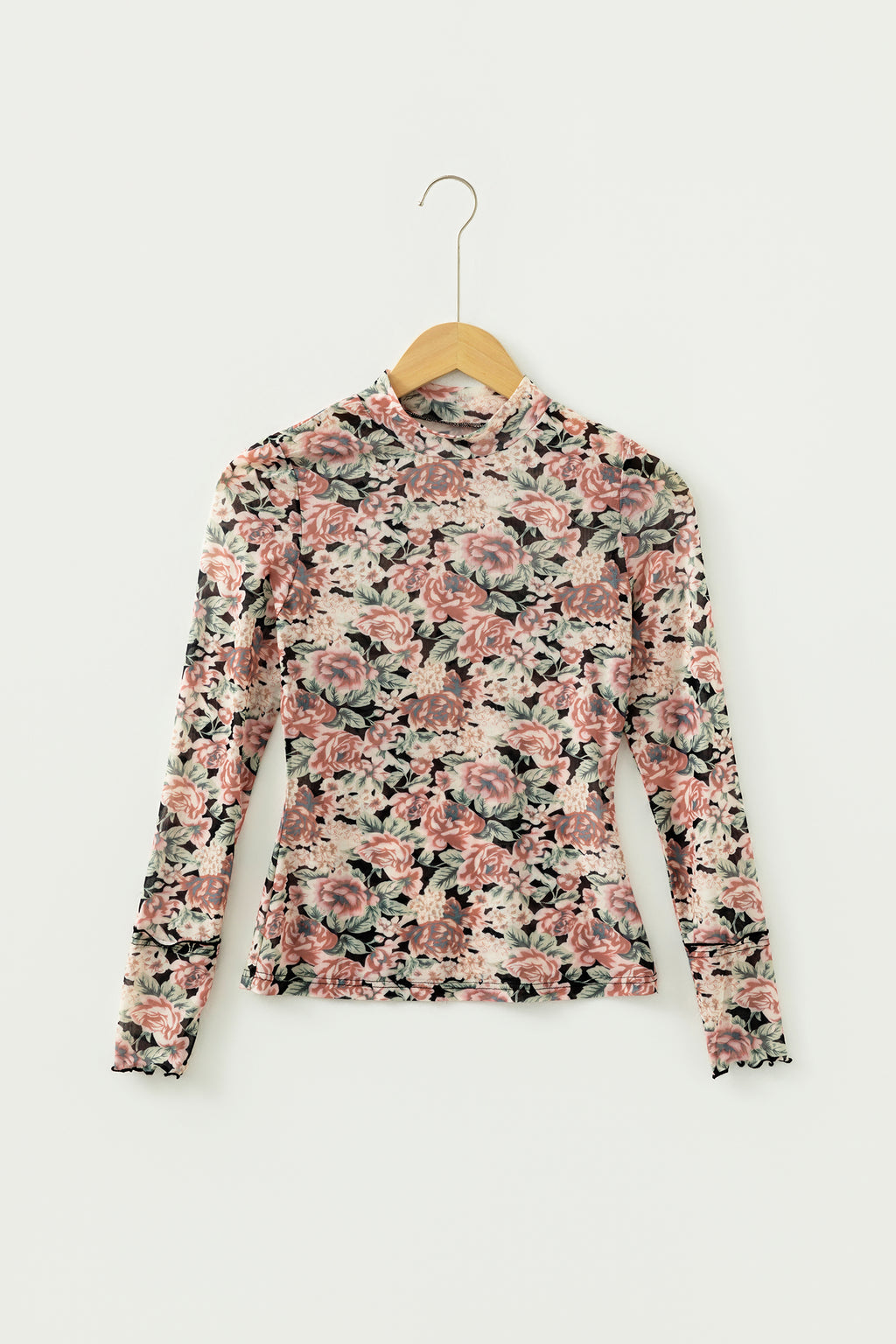 Retro Floral Print Mock Neck Mesh Long Sleeve Top