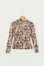 Retro Floral Print Mock Neck Mesh Long Sleeve Top