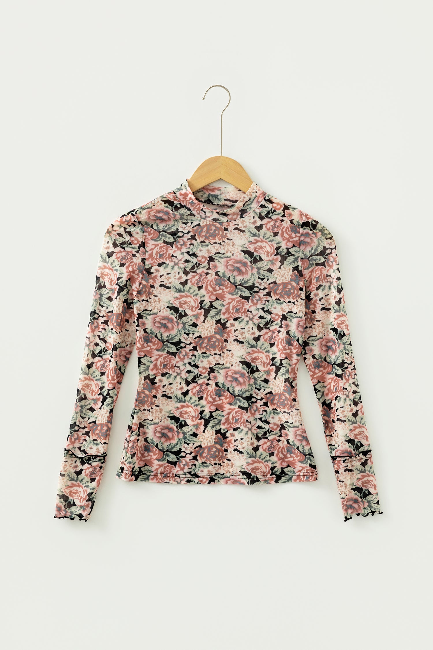 Retro Floral Print Mock Neck Mesh Long Sleeve Top