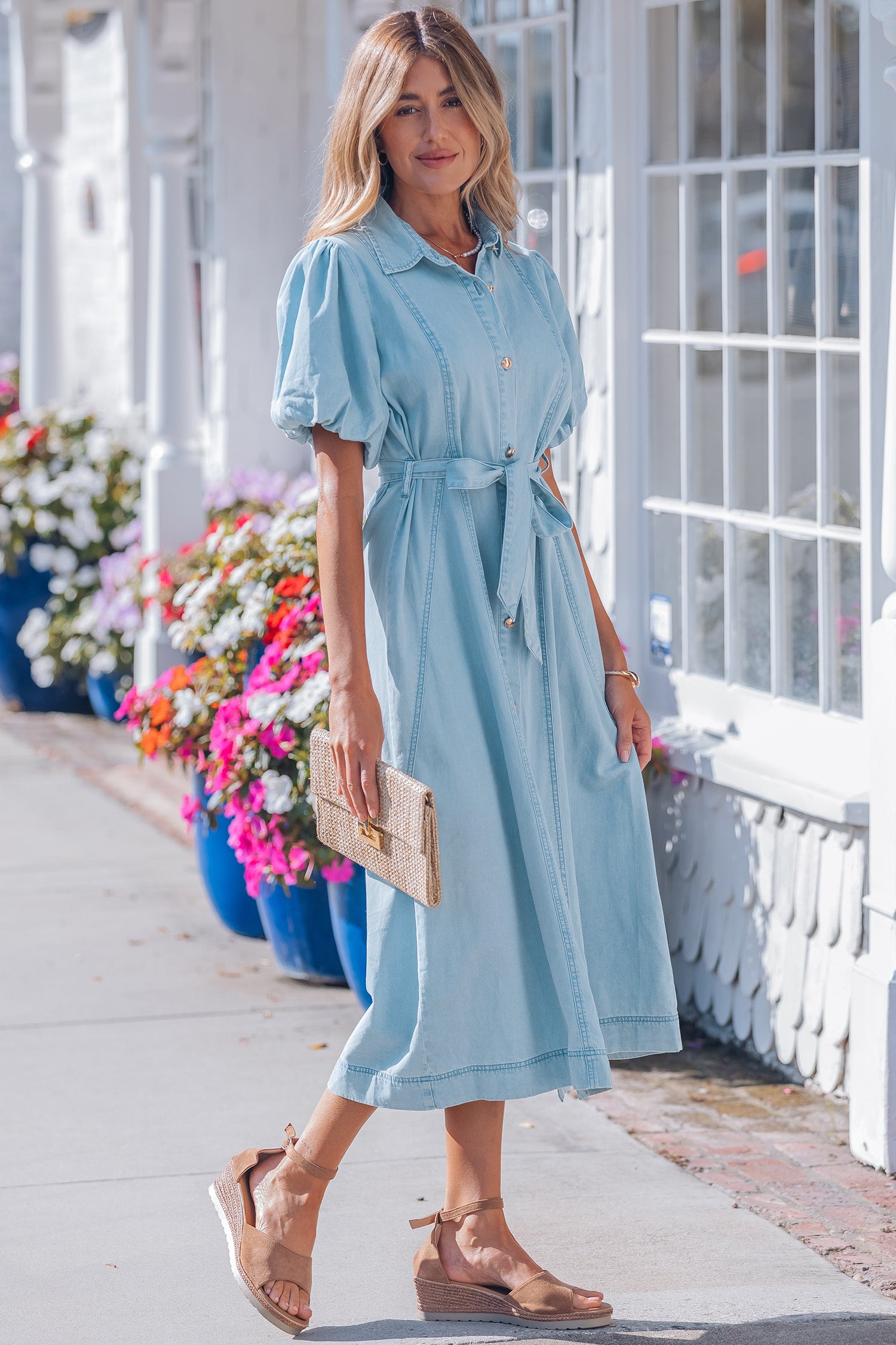 Full Buttons Collared Short Bubble Sleeve Long Denim Dress