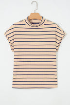 Khaki Stripe Mock Neck Short Sleeve Loose Top