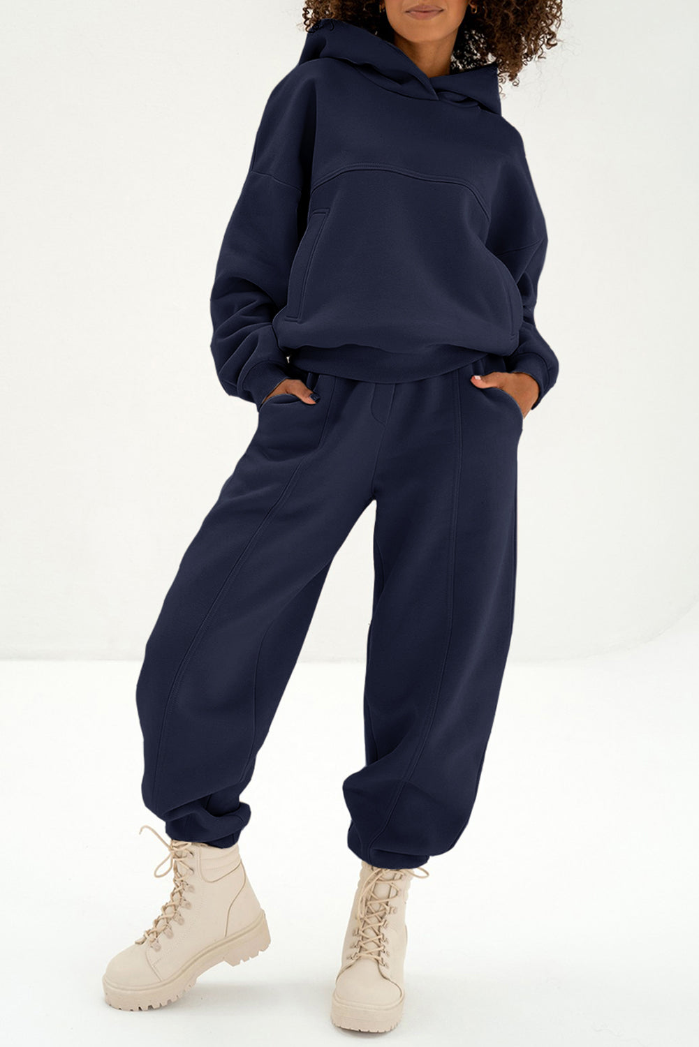 Solid Exposed Seams Hoodie and Joggers Activewear Set