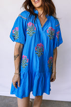 Blue Flower Embroidered Split Neck Short Puff Sleeve Ruffle Hem Dress