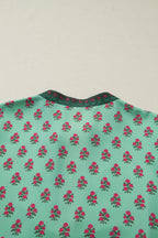 Green Plus Size Floral Print Contrast Trim V Neck Bracelet Sleeve Blouse