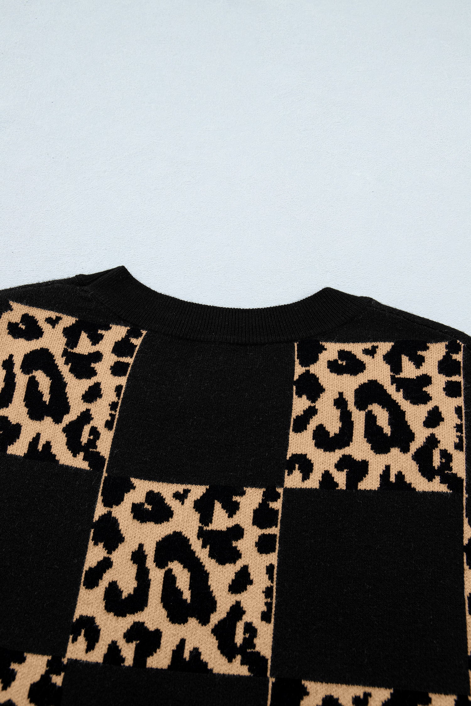 Leopard Checkerboard Short Sleeve Knit Sweater